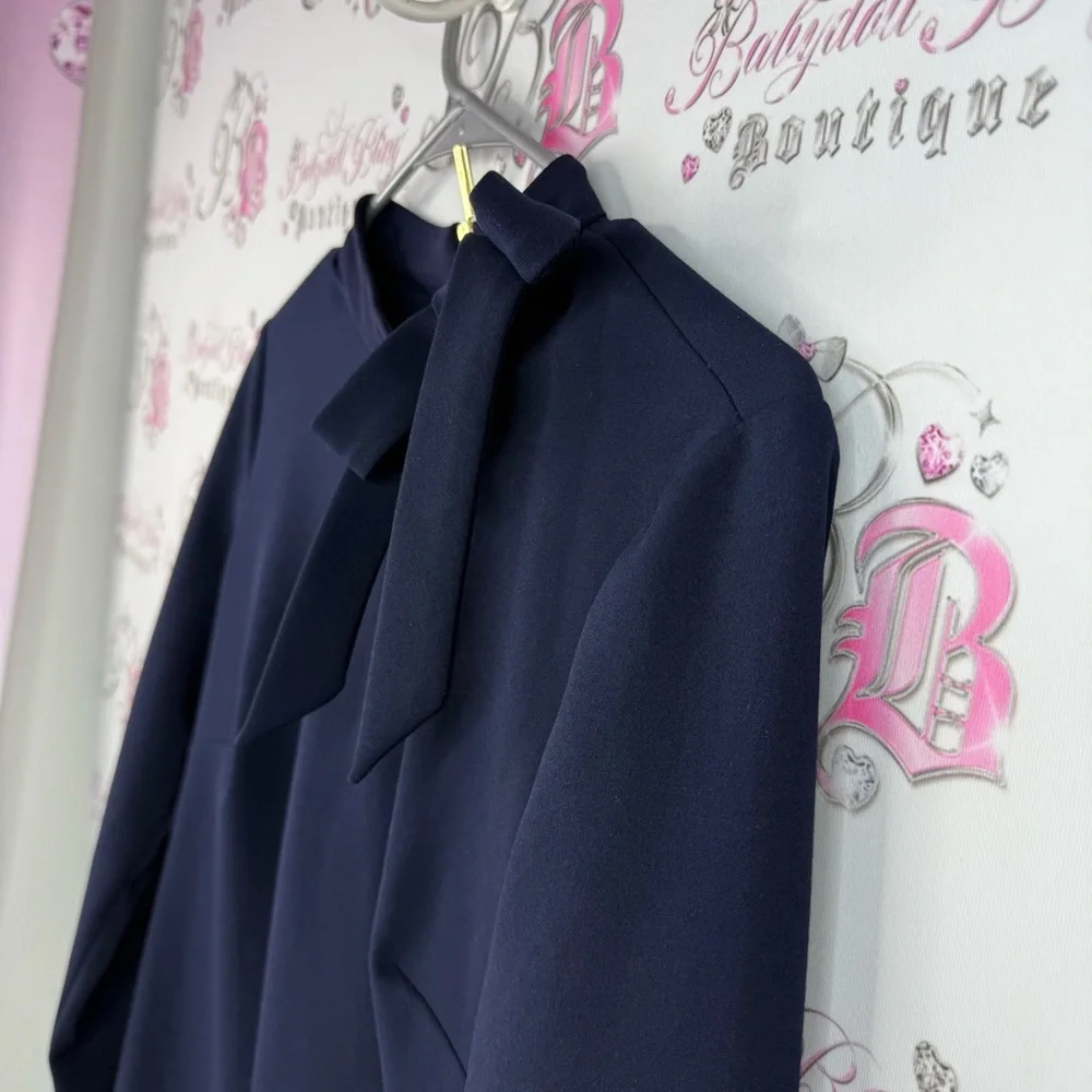 Calvin Klein dress ribbon bow tie up neck detail gold zipper Navy Midi Dress - Picture 7 of 13